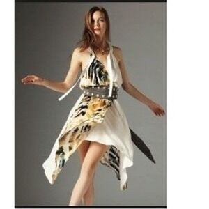 Geren Ford 100%silk  Abstract Tiger Print Halter Wrap Dress Cream Gold S Chic